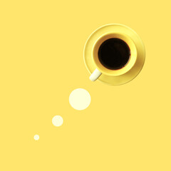 Creative layout made of yellow coffee cup and thinking bubbles against yellow background. Flat lay, copy space. Morning routine. Time for coffee.