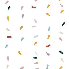 Vector organic seamless abstract background, party confetti pattern. Colorful pastel colored mosaic of simple shapes on white background.