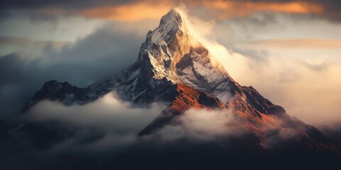 Cloudy Mountain Peak - A solitary mountain peak emerges through the clouds, an awe-inspiring sight against the sky. 🏔️☁️ - obrazy, fototapety, plakaty