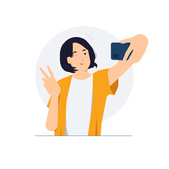 Beautiful woman laughing and showing peace sign gesture while taking selfie photo on mobile smart phone concept illustration