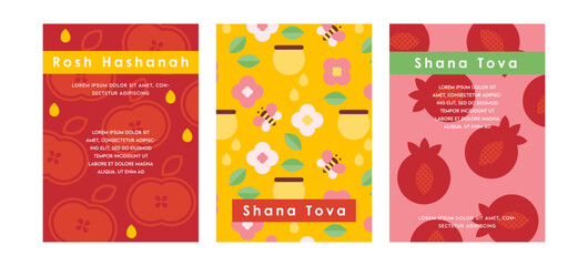 Rosh Hashana,Jewish holiday, pattern with traditional greeting in Hebrew. Translation - sweet and happy new year. Pomegranate, apple, Jewish horn and flowers. simple line vector illustration