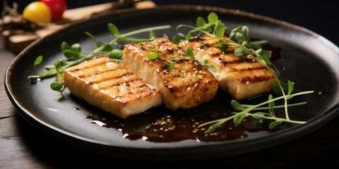 Tofu Delight A beautifully grilled tofu steak on a stylish plate, celebrating healthy indulgence. diffused lighting enhances the dish's texture, creating a mouthwatering culinary portrait. 🌱🍽️🔥