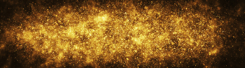 Golden particles shining stars dust bokeh glitter awards abstract background. Futuristic glittering in space on black background.