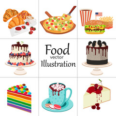 Sweet food elements set. Vector illustration. Vector food de croissant, pizza, cake, fast food