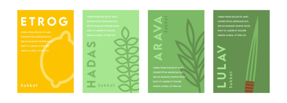 Sukkot set of herbs and spices of the etrog, lulav, Arava, Hadas. Jewish holiday.greeting card set. Vector illustration
