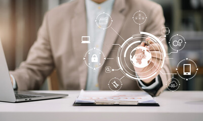 Person using smartphone, tablet  with SDK icon on virtual screen. SDK Software development kit programming language technology concept in office.