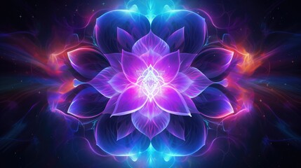 Mystic luminous fantasy flowers from alien world or planet. AI illustration. Neon effect, starry in the universe. Shiny glowing stars in cosmic space. Astronomy day concept.