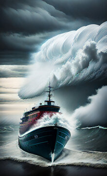Big waves and tsunami destruction illustration