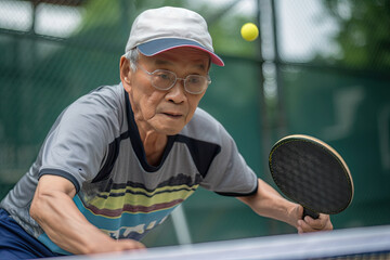Asian elder man playing pickleball in outdoor court. AI generative - 635422180