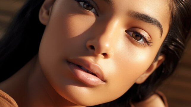 Beauty close-up portrait of beautiful black woman with perfect skin and nude make-up. AI photography..