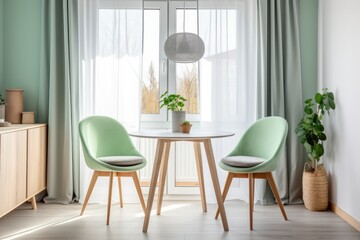 Two mint color chairs at round wooden dining table against window dressed with light green and white curtains. Scandinavian interior design of modern dining room