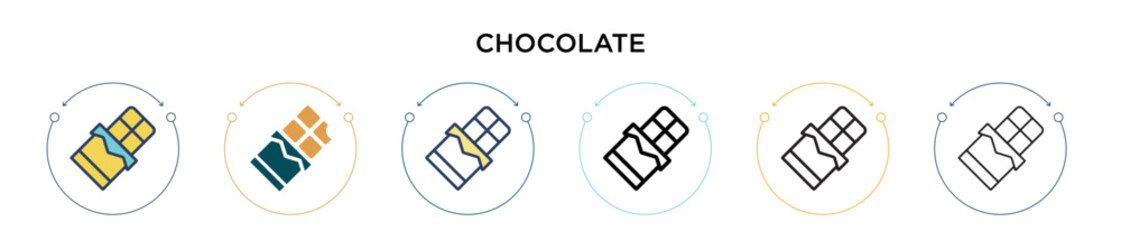 Chocolate icon in filled, thin line, outline and stroke style. Vector illustration of two colored and black chocolate vector icons designs can be used for mobile, ui, web