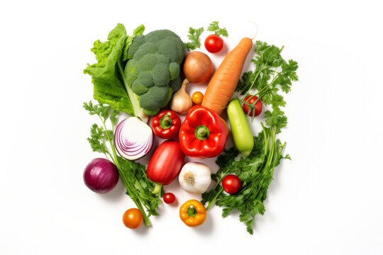 Beautiful bouquet of fresh vegetables isolated on white background. Bundle of vegetables, vegetarian background. generative ai