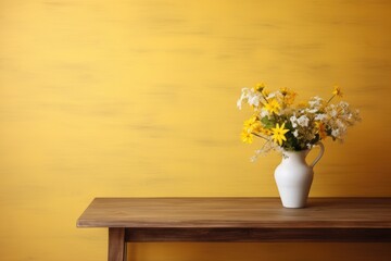 Wooden table with vase with bouquet of flowers near empty, blank yellow wall. Home interior background with copy space