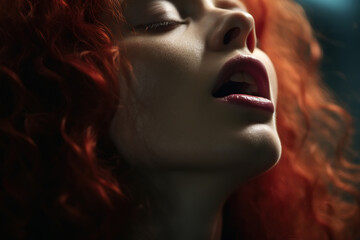 Sex, erotica, orgasm concept. Close-up of sexy young caucasian red-haired woman with open mouth experiencing sensual pleasure - obrazy, fototapety, plakaty