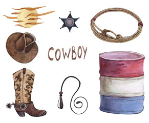 Set of western cowboy in hat, old rusty horseshoe, lasso in hand, boots, and barrel. American rodeo season.Watercolor illustration