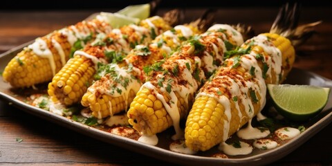 Elote, a vibrant Mexican street food favorite. Grilled corn on the cob coated in a luscious blend of mayonnaise, cheese, and spices. Festive setting, capturing 🌽