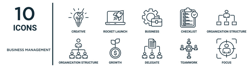 Fototapeta na wymiar business management outline icon set such as thin line creative, business, organization structure, growth, teamwork, focus, organization structure icons for report, presentation, diagram, web design