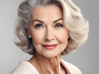 Naklejka premium Portrait of a beautiful gorgeous mature woman looking at the camera. Close-up old woman isolated on white. Grandmother with healthy skin. Beauty industry. generative AI