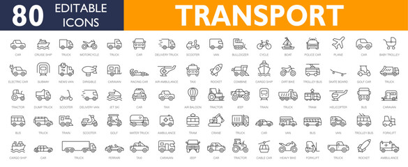 Fototapeta Transport  icons set. Vehicle icons. Transport editable stroke icons collection. Transport types. Vector illustration Transport, vehicle and delivery elements - minimal thin line web icon obraz