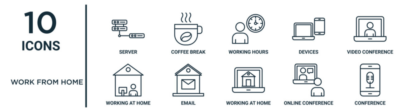 Work From Home Outline Icon Set Such As Thin Line Server, Working Hours, Video Conference, Email, Online Conference, Conference, Working At Home Icons For Report, Presentation, Diagram, Web Design