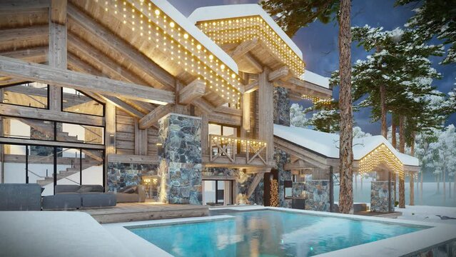 4K video rendering of modern cozy chalet with pool and parking for sale or rent. Beautiful forest mountains on background. Massive timber beams columns. Christmas garlands in New Year holidays