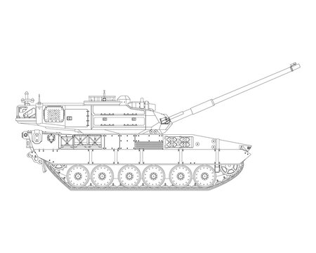 Main battle tank in line art. Armored fighting vehicle. Special combat military transport. Detailed vector illustration isolated on white background.