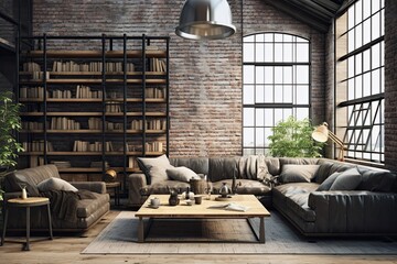 Cozy retro-style lounge, brick wall, elegant decor, abundant light. Concept of urban loft living.