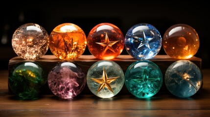 Seven orbs made from different types of crystal, each with a unique star pattern inside.