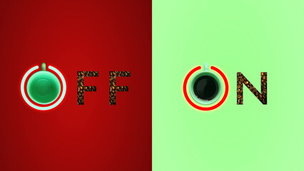 ON and OFF switch button made of mint coffee cups and coffee beans against dark red and bright...