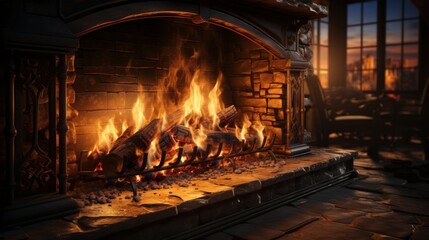 A cozy scene of a lit fireplace, the orange flames dancing and casting shadows, under the warm, comforting light of a winter's night