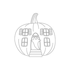 Halloween pumpkins, autumn holiday. Pumpkin house with cut out windows, doors and ghost. Line art.