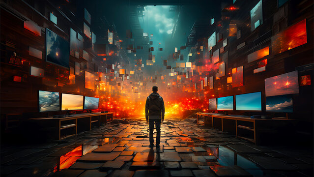 A Person Overlooking a Sea of Media Content, Media Overconsumption Digital Concept Render 