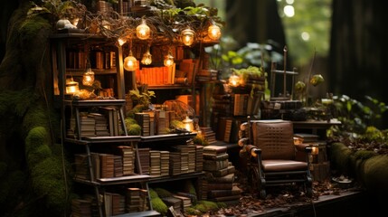 A picture of a really small books cart stall in the forest, extremely realistic, insanely detailed