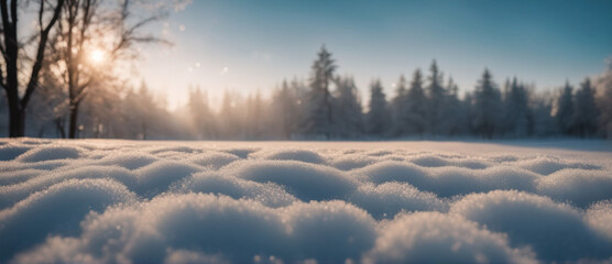 Beautiful winter wallpaper. Close-up photo of snow against a blurred background of a snowy winter landscape. Cozy and peaceful natural scene.