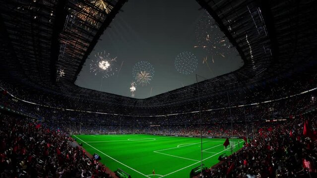 Celebration on soccer stadium arena. fireworks, effects fans. opening game. 3d render