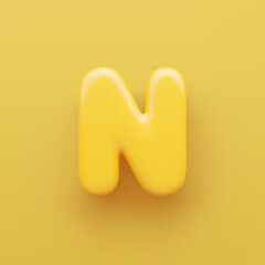 3D Yellow letter N with a glossy surface on a yellow background .