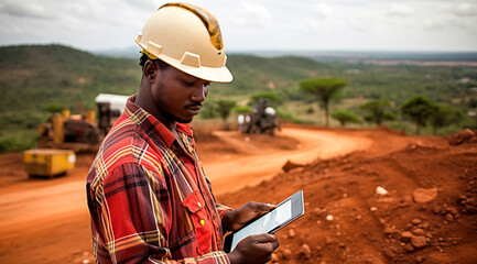 A young Black African nining construction worker with digital tablet in open pit quarry. digital ai