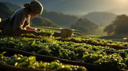 Tea pickers, tea mountain, sunshine, close - up, real photo, close - up, distant view, Minimalism, ray tracing, high details, best quality, UHD