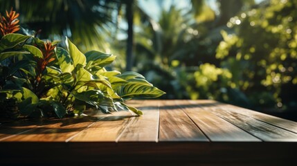 Wood table background with tropical tree green leaves and sunny sunshine, in the style of 3840x2160, light green and dark amber, poetic pastoral scenes, lively tableaus, dynamic outdoor shots, shaped  - obrazy, fototapety, plakaty