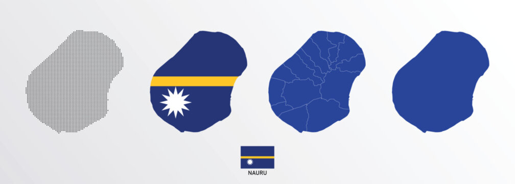 Set of political maps of Nauru with regions isolated and flag on white background. Nauru map blue color vector illustration.