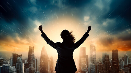 Business woman with arms raised in victory or success overlooking a large urban area or big city with sky scrapers. Concept of winning in business and career goals.