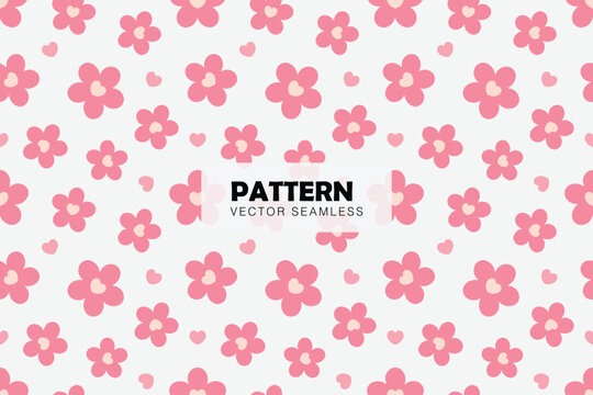 Pink flowers with hearts cute shape seamless repeat pattern
