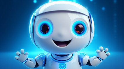 Obraz na płótnie Canvas Friendly positive little white robot with glowing blue background