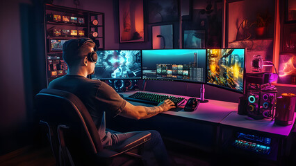 A multi monitor gaming setup with a high-performance gaming computer with RGB lighting, a gamer seated on an ergonomic chair and using a gaming mouse and keyboard, neural network generated image