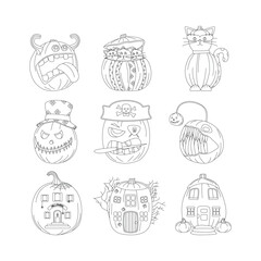 Set of Halloween pumpkins, autumn holiday. A pumpkin with a carved smile. Line art.