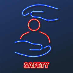 safety man neon sign, modern glowing banner design, colorful modern design trends on black background. Vector illustration.
