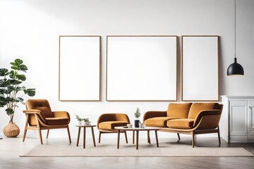 Two armchairs in room with white wall and big frame poster on it