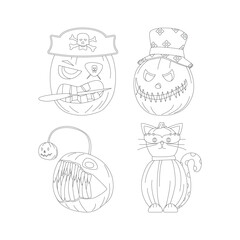 Set of Halloween pumpkins, autumn holiday. A pumpkin with a carved smile. Line art.