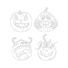 Set of Halloween pumpkins, autumn holiday. A pumpkin with a carved smile. Line art.